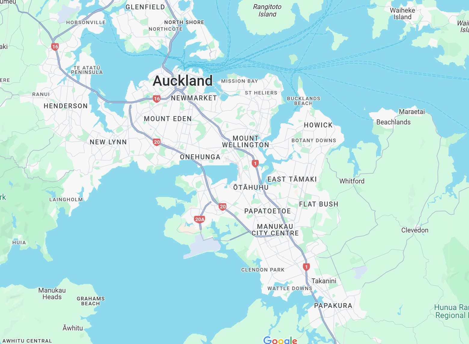 Map of Auckland and surrounding areas, showing neighborhoods, major roads, islands, and waterways.